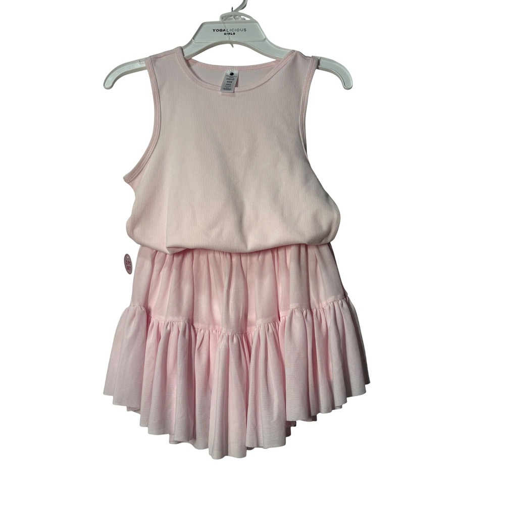 Yogalicious NWT Girls 2pc Set Rib Tank Mesh/Skort Pink Festival Bloom M/10